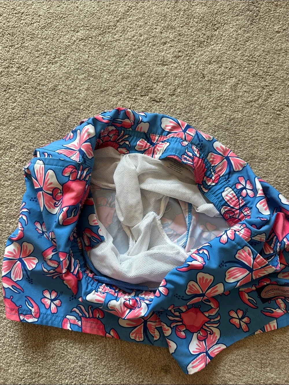 Vineyard Vines Blue Swim Shorts with Pink Crab & Floral Print